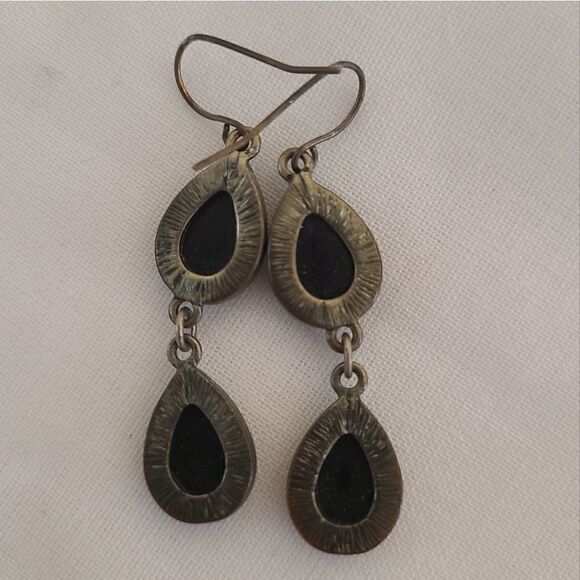 Double Teardrop Metal and Gem Look Dangle Earrings - Picture 2 of 3